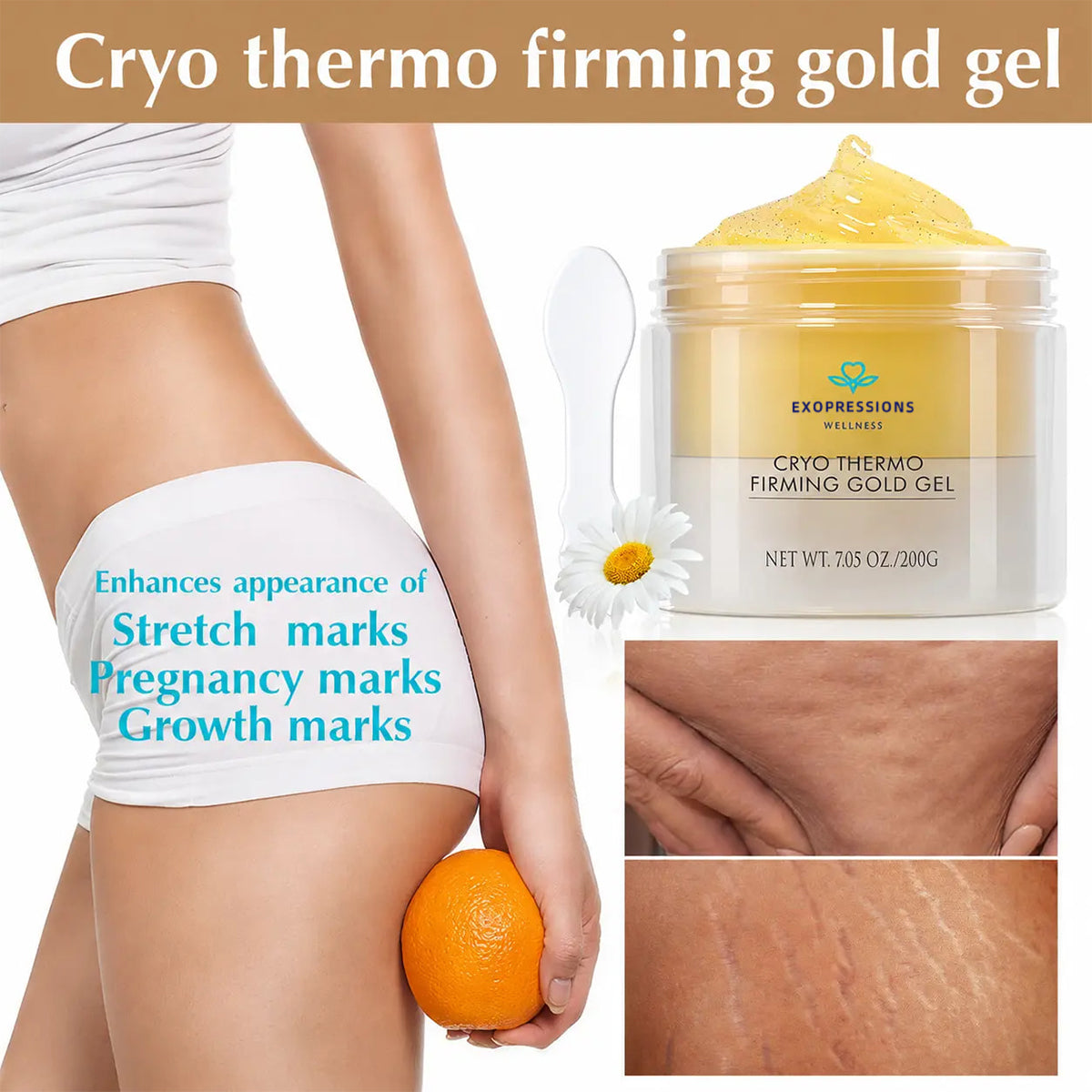15-Day Visible Firming Gold Gel | Cryo Thermo Anti-Cellulite Body Sculpting Gel | Tighten Loose Skin, Smooth Bumps & Reduce Puffiness for Belly, Thighs & Arms | Unisex 200g