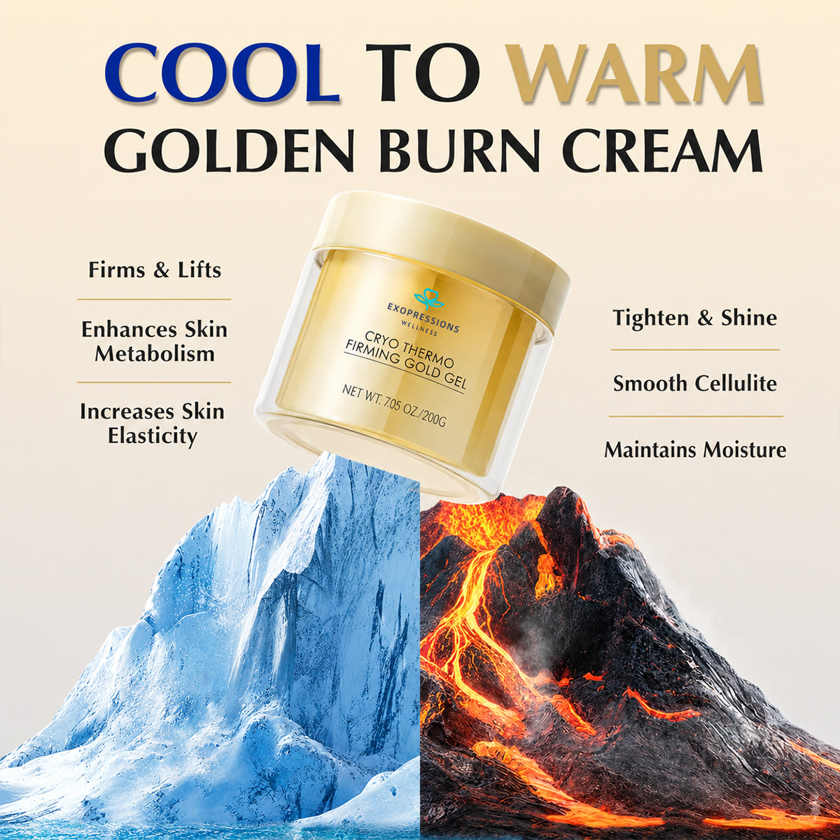 15-Day Visible Firming Gold Gel | Cryo Thermo Anti-Cellulite Body Sculpting Gel | Tighten Loose Skin, Smooth Bumps & Reduce Puffiness for Belly, Thighs & Arms | Unisex 200g