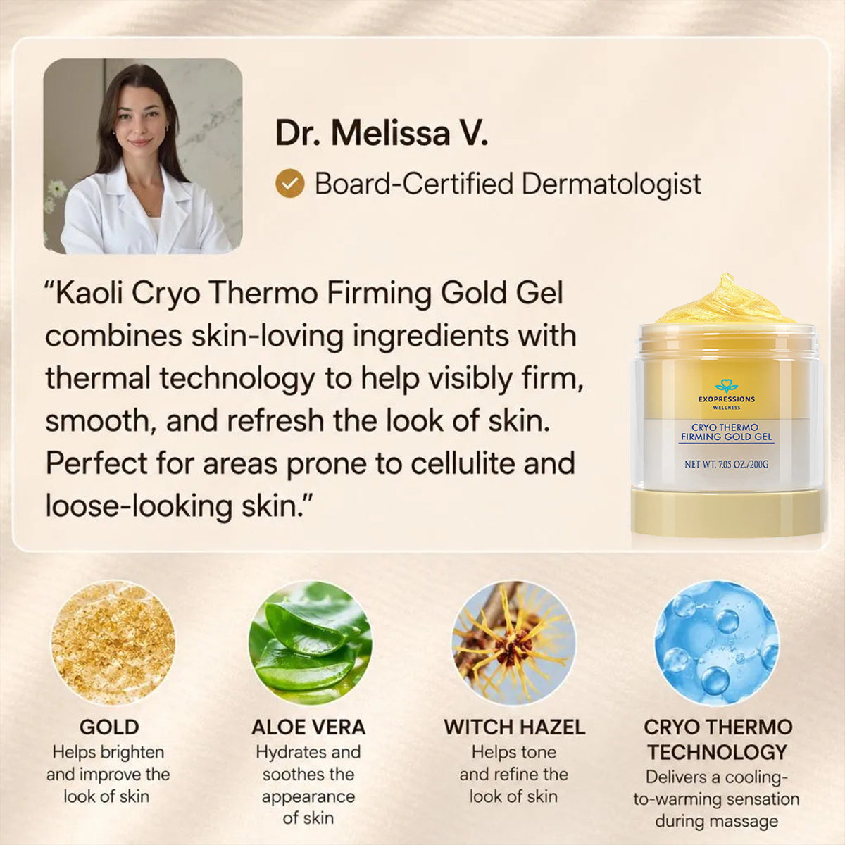 15-Day Visible Firming Gold Gel | Cryo Thermo Anti-Cellulite Body Sculpting Gel | Tighten Loose Skin, Smooth Bumps & Reduce Puffiness for Belly, Thighs & Arms | Unisex 200g