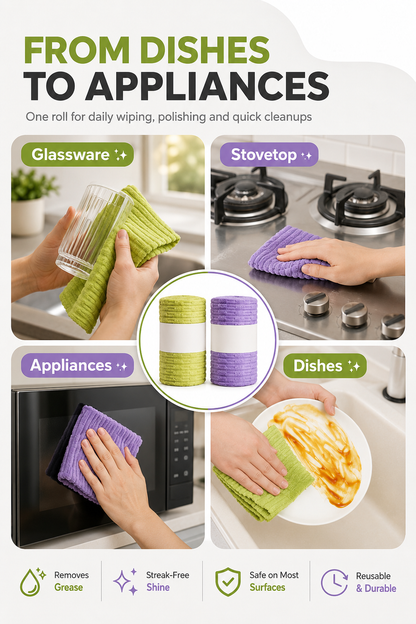 🍃 Bamboo Fiber Cleaning Cloth Roll – Thick Absorbent Tear-Off Kitchen Towels for Grease, Spills & Everyday Cleaning