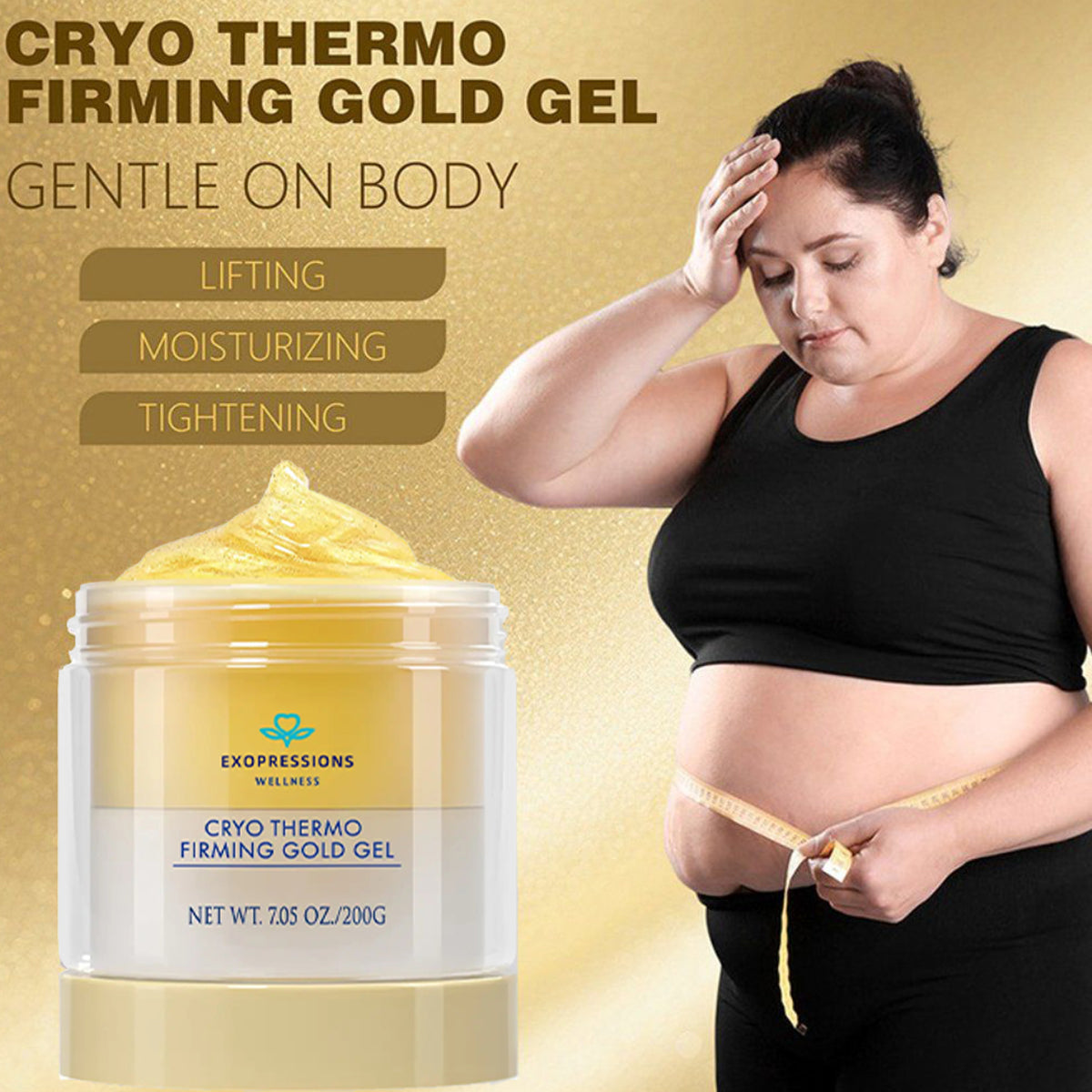 15-Day Visible Firming Gold Gel | Cryo Thermo Anti-Cellulite Body Sculpting Gel | Tighten Loose Skin, Smooth Bumps & Reduce Puffiness for Belly, Thighs & Arms | Unisex 200g