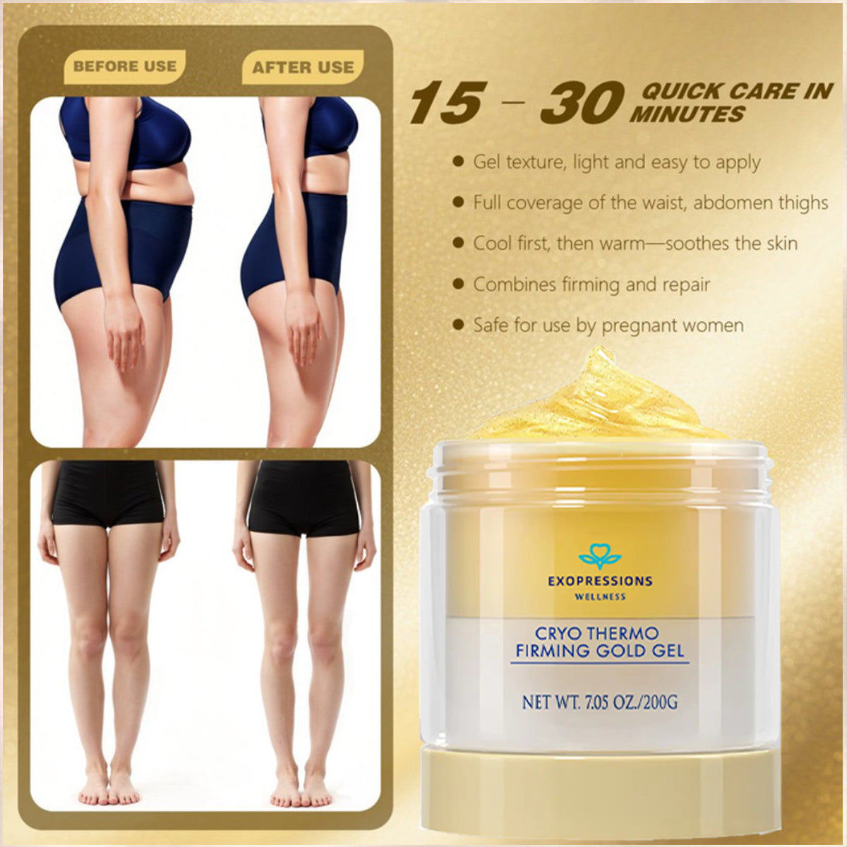15-Day Visible Firming Gold Gel | Cryo Thermo Anti-Cellulite Body Sculpting Gel | Tighten Loose Skin, Smooth Bumps & Reduce Puffiness for Belly, Thighs & Arms | Unisex 200g