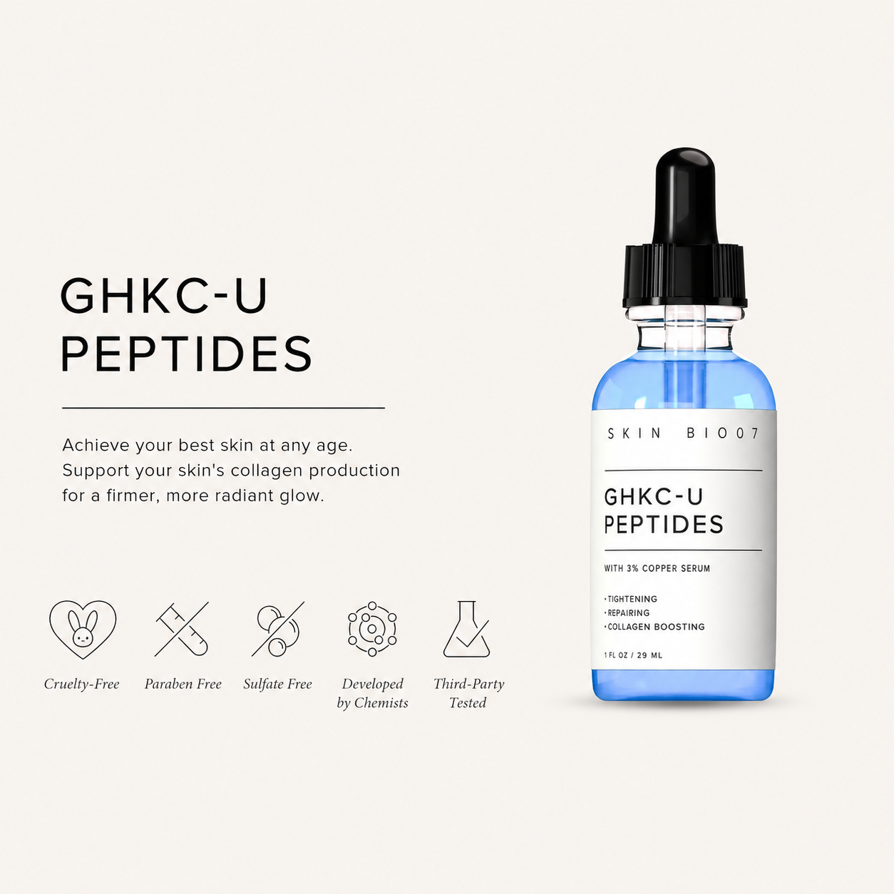 3%GHK-Cu Copper Peptides Firming Serum with 1.5% Hyaluronic Acid | Gentle Anti-Aging Collagen Serum for Sensitive Skin