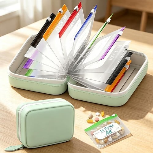 ✨2‑Week Pill Organizer Binder Case | 14 Reusable Color‑Coded Pill Pouch💊 Travel Waterproof Medication Storage Bag for Vitamins Supplements