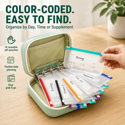 ✨2‑Week Pill Organizer Binder Case | 14 Reusable Color‑Coded Pill Pouch💊 Travel Waterproof Medication Storage Bag for Vitamins Supplements